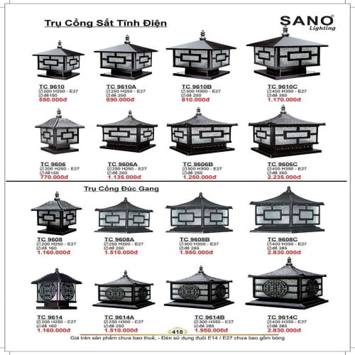 Đèn trụ Sano Lighting TC 9610, TC 9610A, TC 9610B, TC 9610C, TC 9606, TC 9606A, TC 9606B, TC 9606C, TC 9608, TC 9608A, TC 9608B, TC 9608C, TC 9614, TC 9614A, TC 9614B, TC 9614C