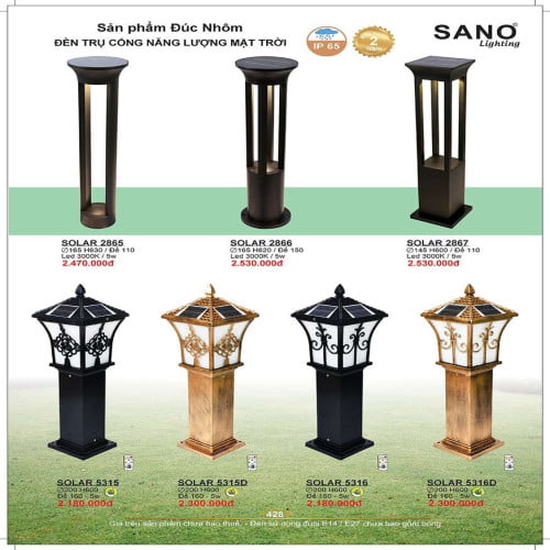 Đèn năng lượng mặt trời Sano Lighting SOLAR 2865, SOLAR 2866, SOLAR 2867, SOLAR 5315, SOLAR 5315D, SOLAR 5316, SOLAR 5316D