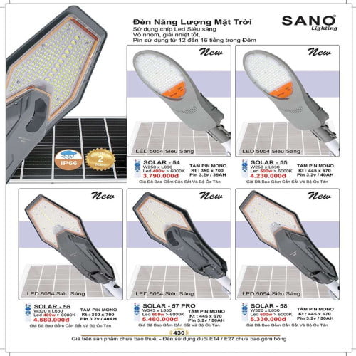 Đèn năng lượng mặt trời Sano Lighting SOLAR - 54, SOLAR - 55, SOLAR - 56, SOLAR - 57 PRO, SOLAR - 58