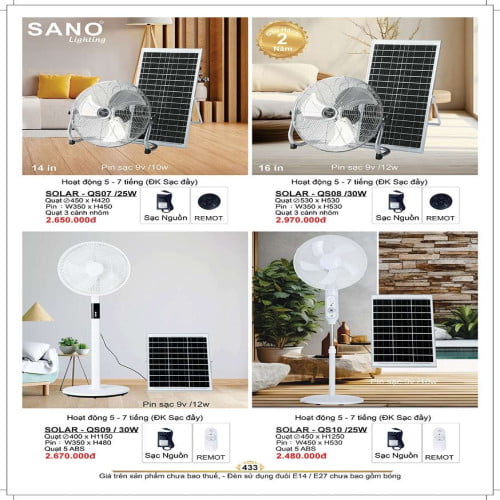 Quạt năng lượng mặt trời Sano Lighting SOLAR - SQ07, SOLAR - SQ08, SOLAR - SQ09, SOLAR - SQ10