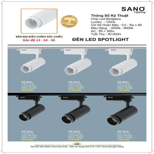 Đèn led spot light Sano Lighting PR 8831, PR 8832, PR 8833, PR 8834, PR 8835, PR 8836