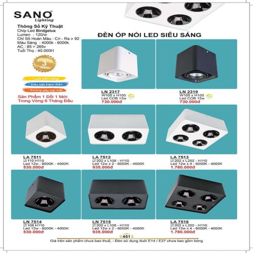 Đèn led ốp nổi Sano Lighting LN 2317, LN 2319, LN 7511, LN 7512, LN 7513, LN 7514, LN 7515, LN 7516