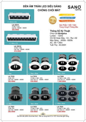 Đèn led âm trần Sano Lighting LA 10311, LA 10312, LA 7518, LA 7519, LA 7520, LA 7521, LA 7522, LA 7523
