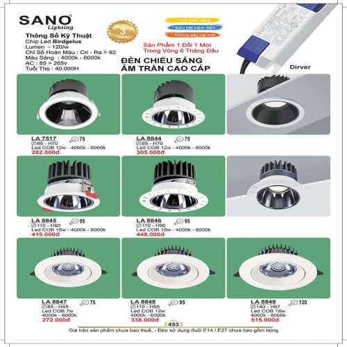 Đèn led âm trần Sano Lighting LA 7517, LA 8844, LA 8845, LA 8846, LA 8847, LA 8848, LA 8849