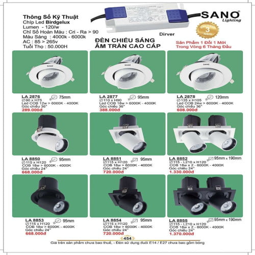 Đèn led âm trần Sano Lighting LA 2876, LA 2877, LA 2878, LA 8850, LA 8851, LA 8852, LA 8853, LA 8854, LA 8855