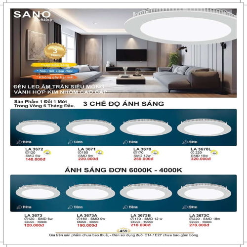 Đèn led âm trần Sano Lighting LA 3672, LA 3671, LA 3670, LA 3670L, LA 3673, LA 3673A, LA 3673B, LA 3673C