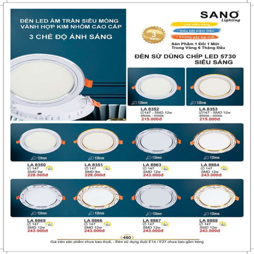 Đèn led âm trần Sano Lighting LA 8352, LA 8353, LA 8350, LA 8351, LA 8863, LA 8864, LA 8865, LA 8866, LA 8867, LA 8868