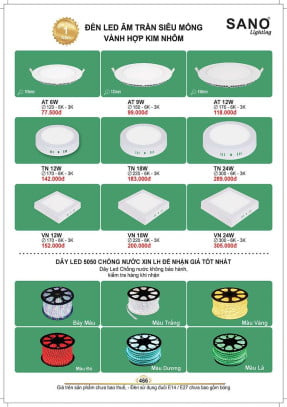 Đèn led Sano Lighting AT6W, AT9W, AT12W, TN12W, TN18W, TN24W, VN12W, VN18W, VN24W, dây led 5050