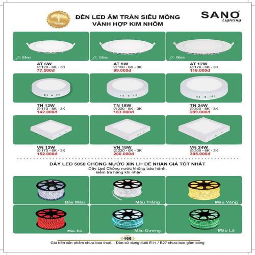 Đèn led Sano Lighting AT6W, AT9W, AT12W, TN12W, TN18W, TN24W, VN12W, VN18W, VN24W, dây led 5050