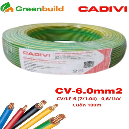Dây cáp điện Cadivi CV6.0 màu vàng-xanh (E)