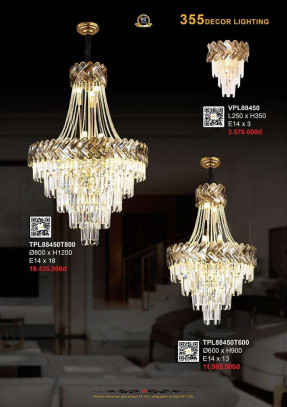 Đèn thả pha lê 355 Decor TPL88450T600, TPL88450T800, VPL88450
