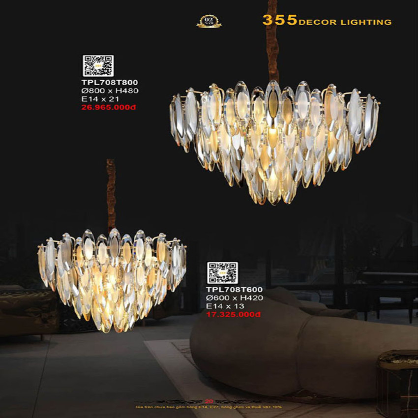 Đèn thả pha lê 355 Decor TPL708T600, TPL708T800