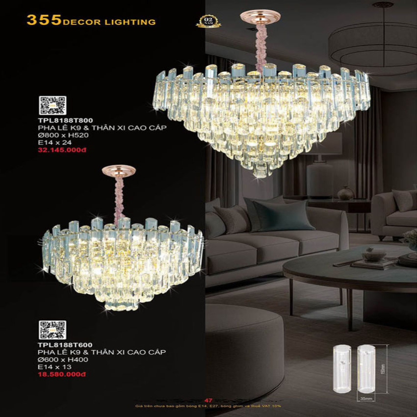 Đèn thả pha lê 355 Decor TPL8188T600, TPL8188T800
