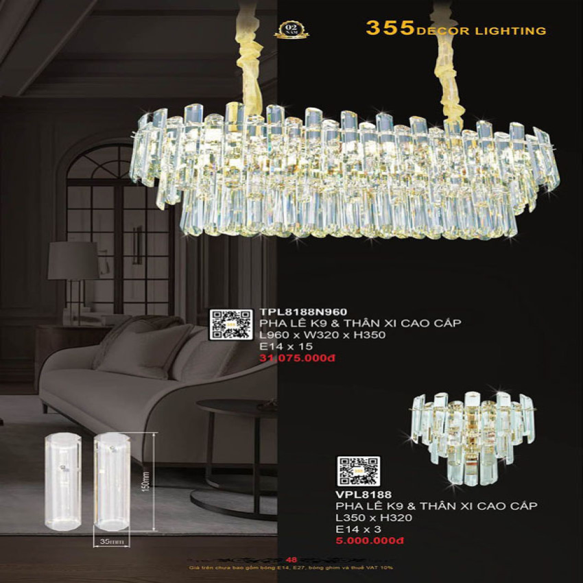 Đèn thả pha lê 355 Decor TPL8188N960, VPL8188