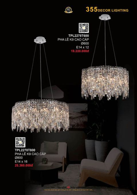 Đèn thả pha lê 355 Decor TPL2278T600, TPL2278T800