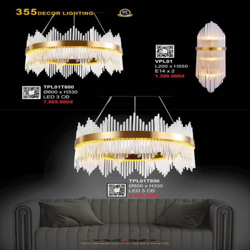 Đèn thả pha lê 355 Decor TPL01T600, TPL01T800, VPL01