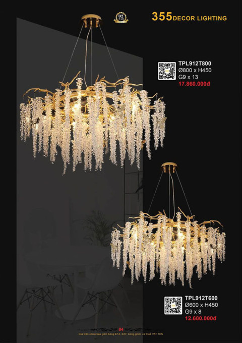 Đèn thả pha lê 355 Decor TPL912T600, TPL912T800