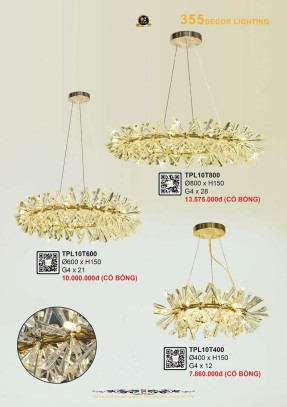 Đèn thả pha lê 355 Decor TPL10T400, TPL10T600, TPL10T800