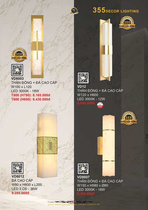 Đèn treo tường đồng 355 Decor VD8003, VD8007, VD8012, VD12