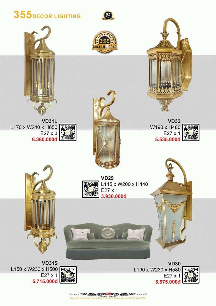 Đèn treo tường đồng 355 Decor VD29, VD30, VD31L, VD31S, VD32