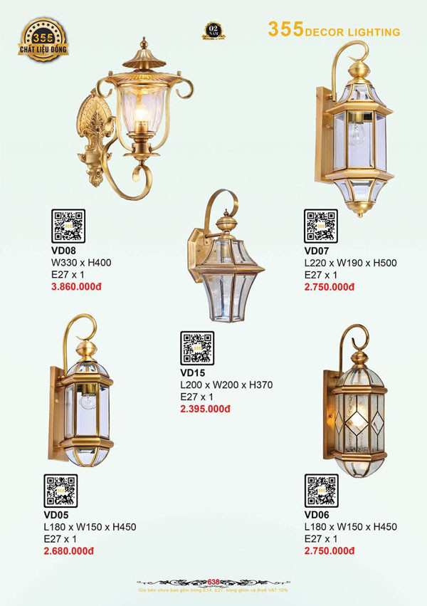 Đèn treo tường đồng 355 Decor VD05, VD06, VD07, VD08, VD15