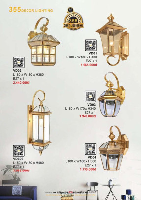 Đèn treo tường đồng 355 Decor VD01, VD02, VD03, VD04, VD606