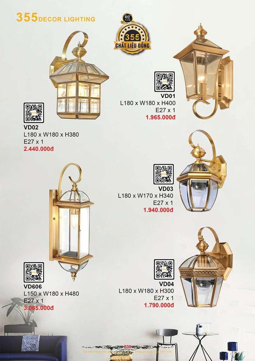 Đèn treo tường đồng 355 Decor VD01, VD02, VD03, VD04, VD606