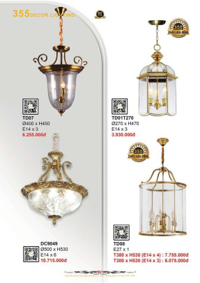 Đèn thả đồng 355 Decor TD01T270, TD07, TD08, DC9049