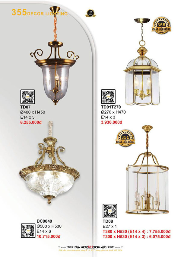 Đèn thả đồng 355 Decor TD01T270, TD07, TD08, DC9049