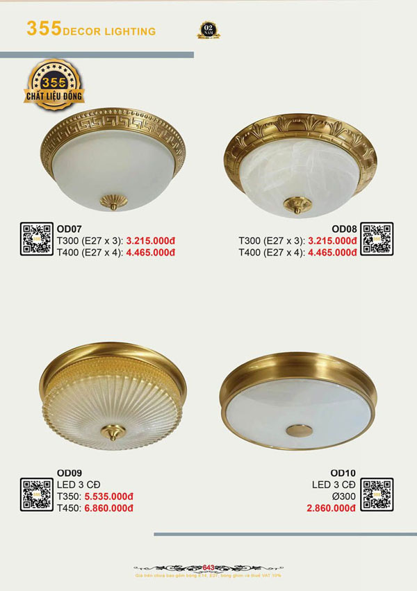 Đèn ốp trần đồng 355 Decor OD07, OD08, OD09, OD10