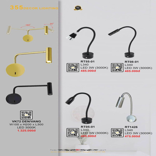 Đèn rọi tranh 355 Decor RT1426, RT05-01, RT55-01, RT08-01, VK72