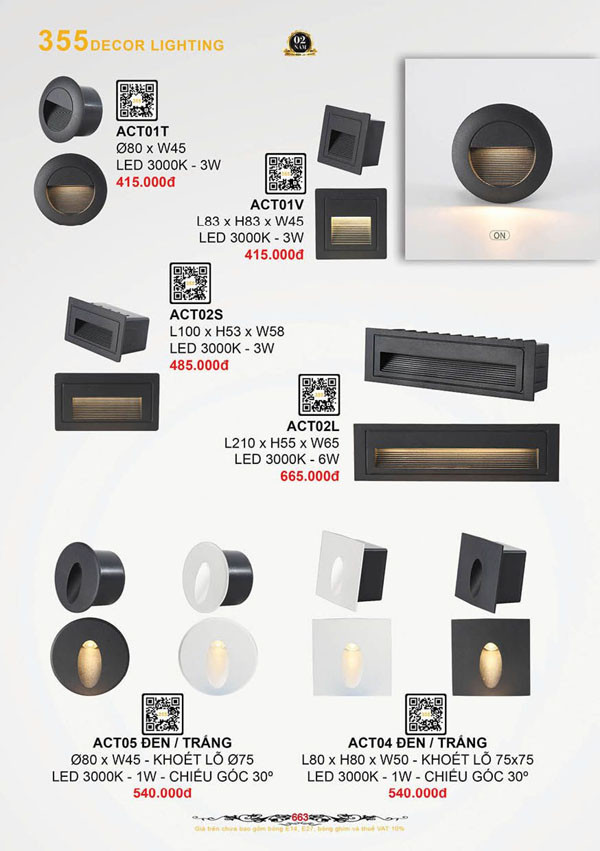 Đèn âm cầu thang 355 Decor ACT01T, ACT01V, ACT02S, ACT02L, ACT04, ACT05