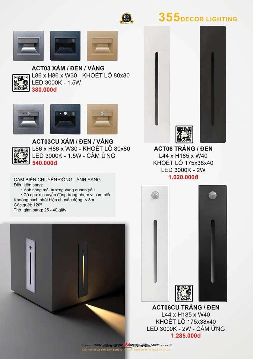 Đèn âm cầu thang cảm ứng 355 Decor ACT03, ACT03CU, ACT06, ACT06CU
