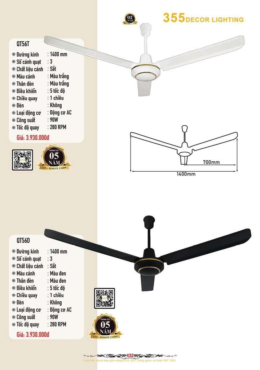 Quạt trần 355 Decor QT56T, QT56D