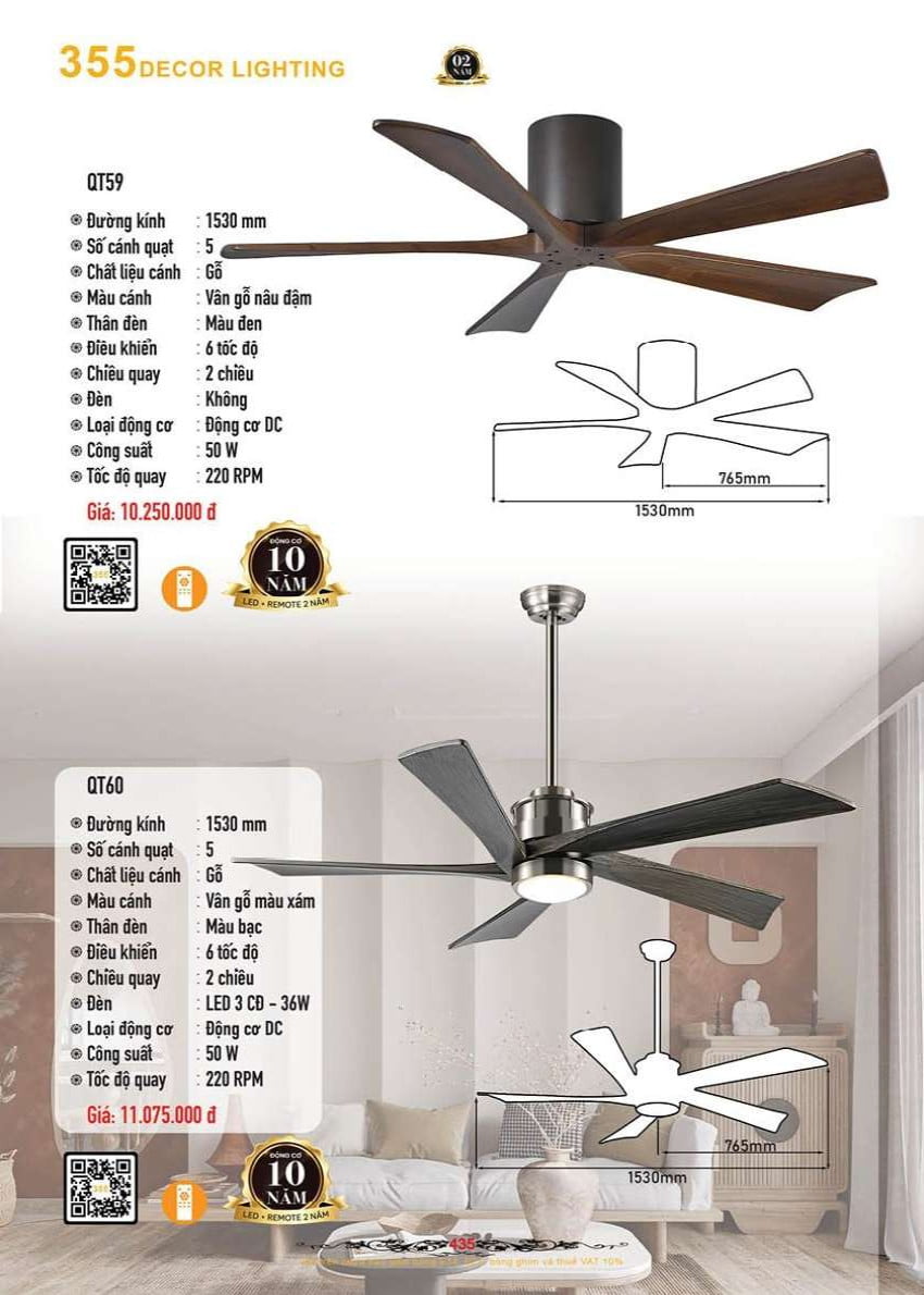 Quạt trần 355 Decor QT59, QT60
