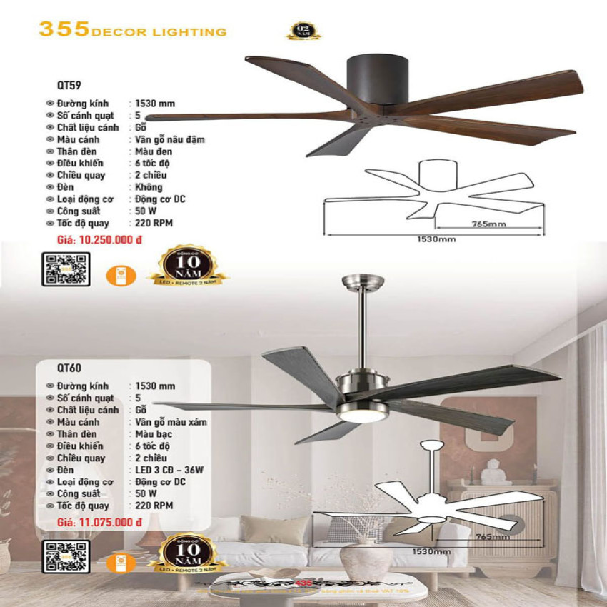 Quạt trần 355 Decor QT59, QT60