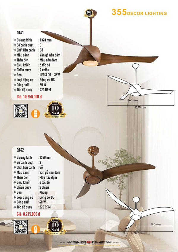 Quạt trần 355 Decor QT61, QT62