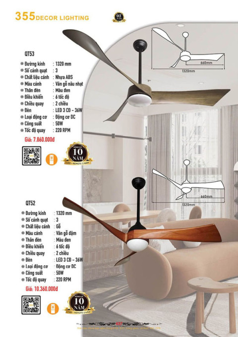 Quạt trần 355 Decor QT52, QT53