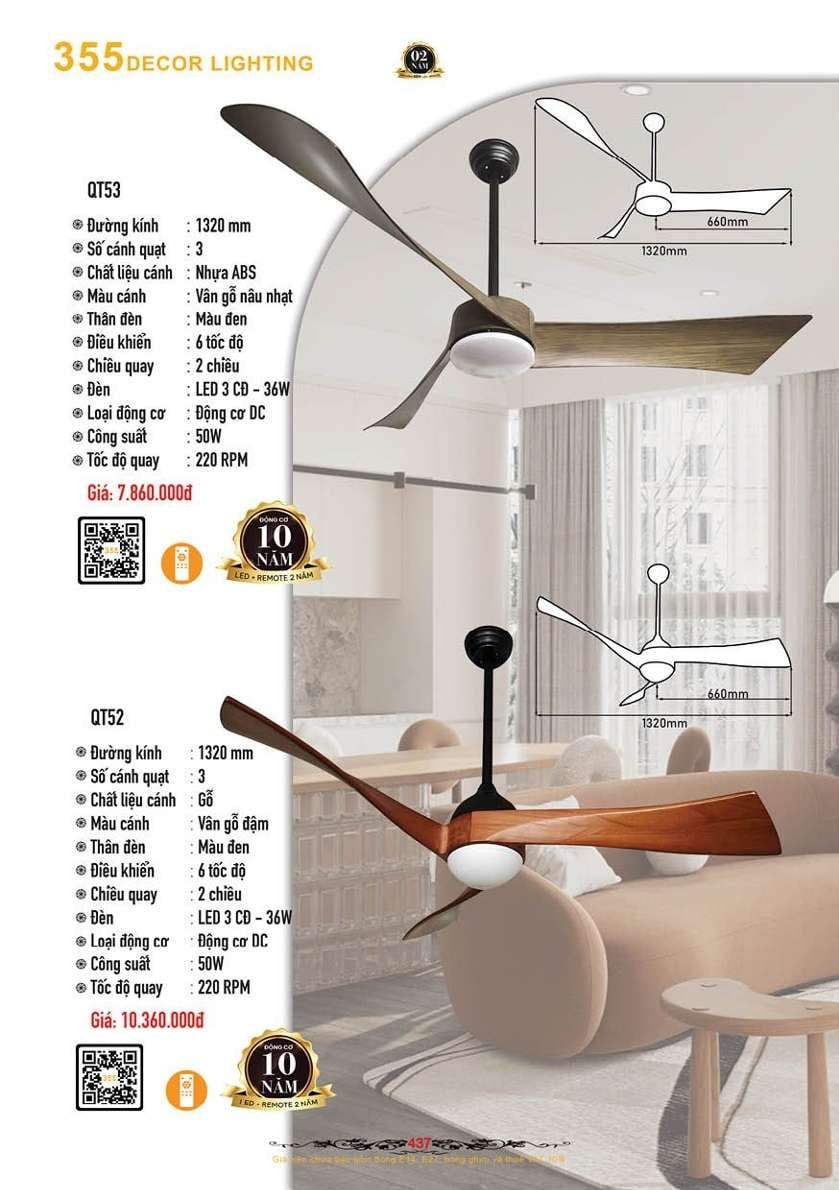 Quạt trần 355 Decor QT52, QT53