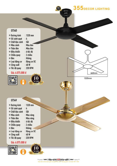 Quạt trần 355 Decor QT54D, QT54V