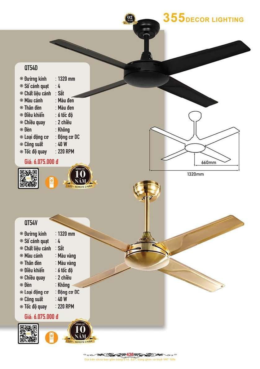 Quạt trần 355 Decor QT54D, QT54V