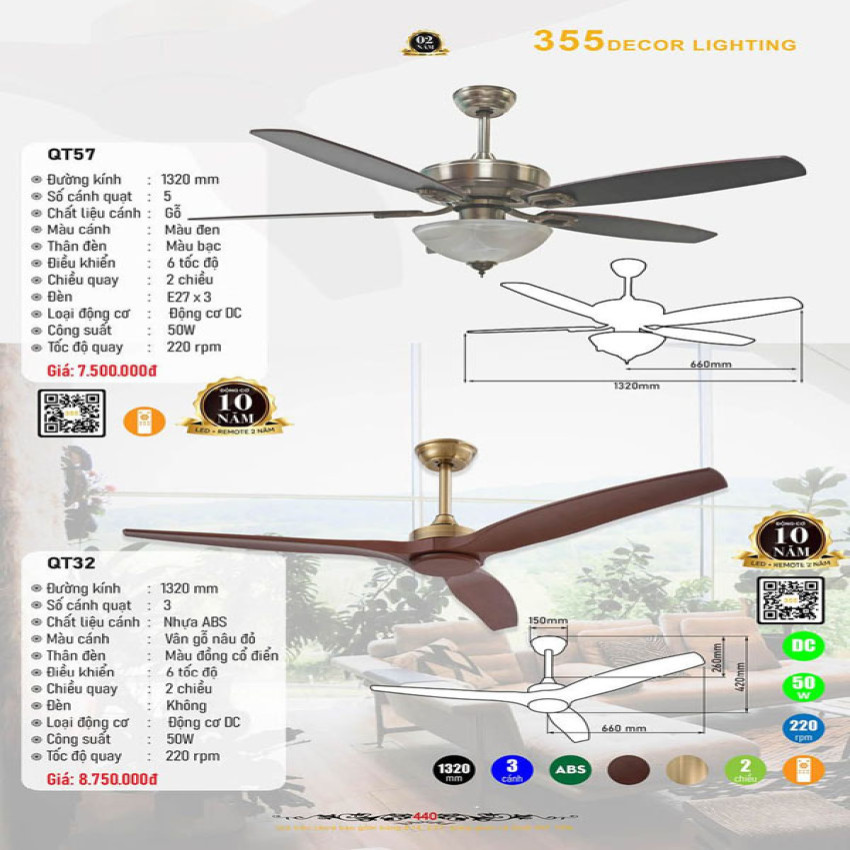 Quạt trần 355 Decor QT32, QT57