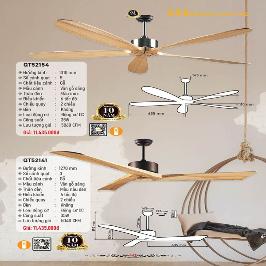 Quạt trần 355 Decor QT52141, QT52154