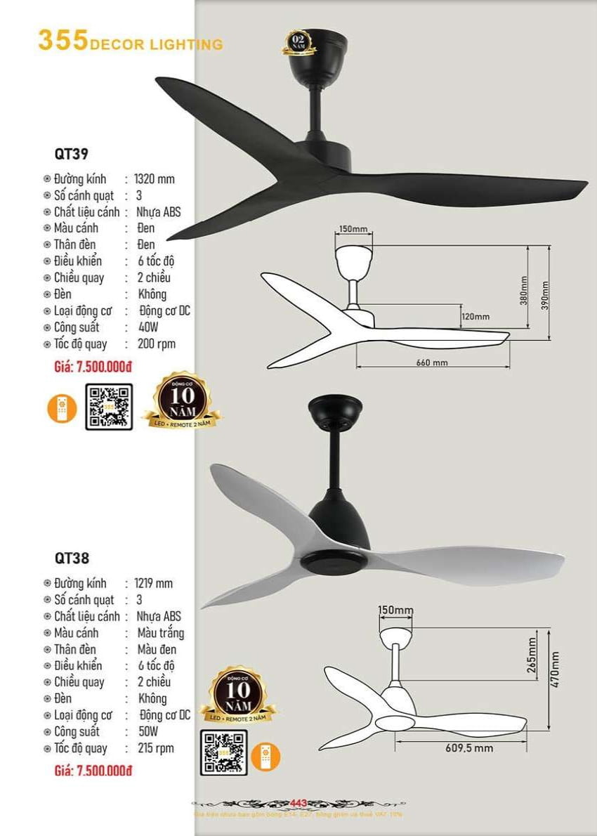 Quạt trần 355 Decor QT38, QT39