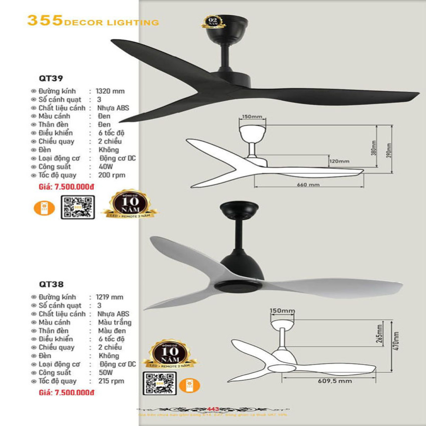 Quạt trần 355 Decor QT38, QT39