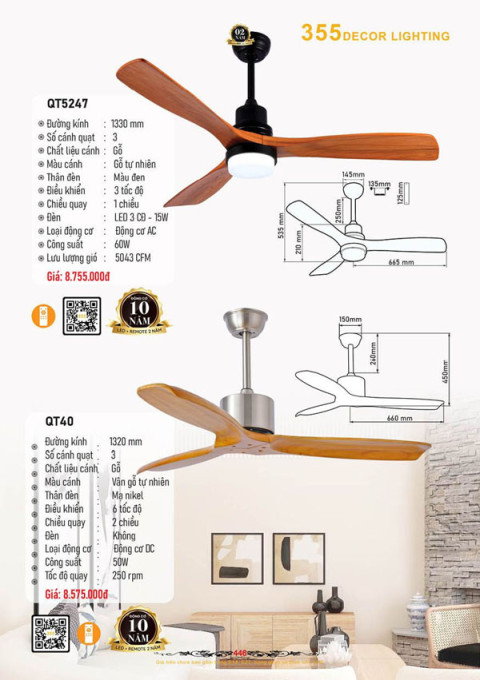 Quạt trần 355 Decor QT5247, QT40
