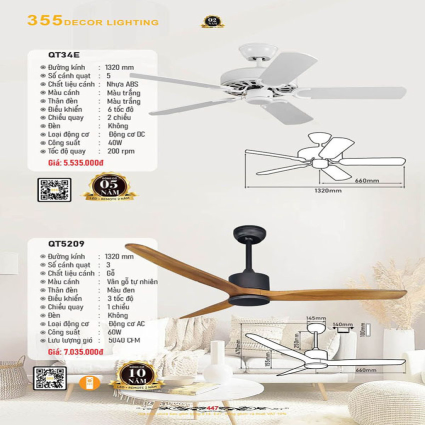 Quạt trần 355 Decor QT34E, QT5209