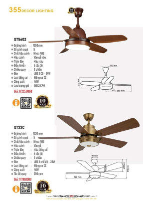 Quạt trần 355 Decor QT5602, QT33C