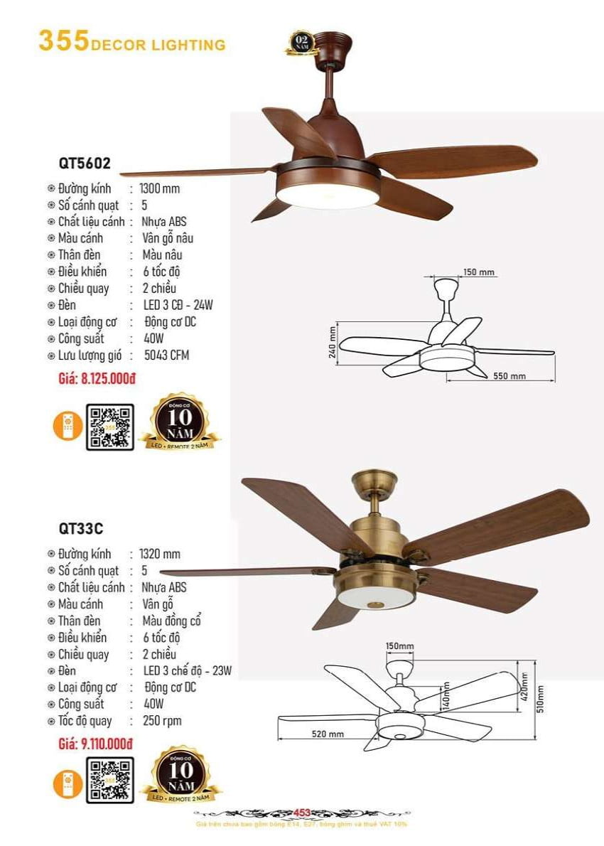 Quạt trần 355 Decor QT5602, QT33C
