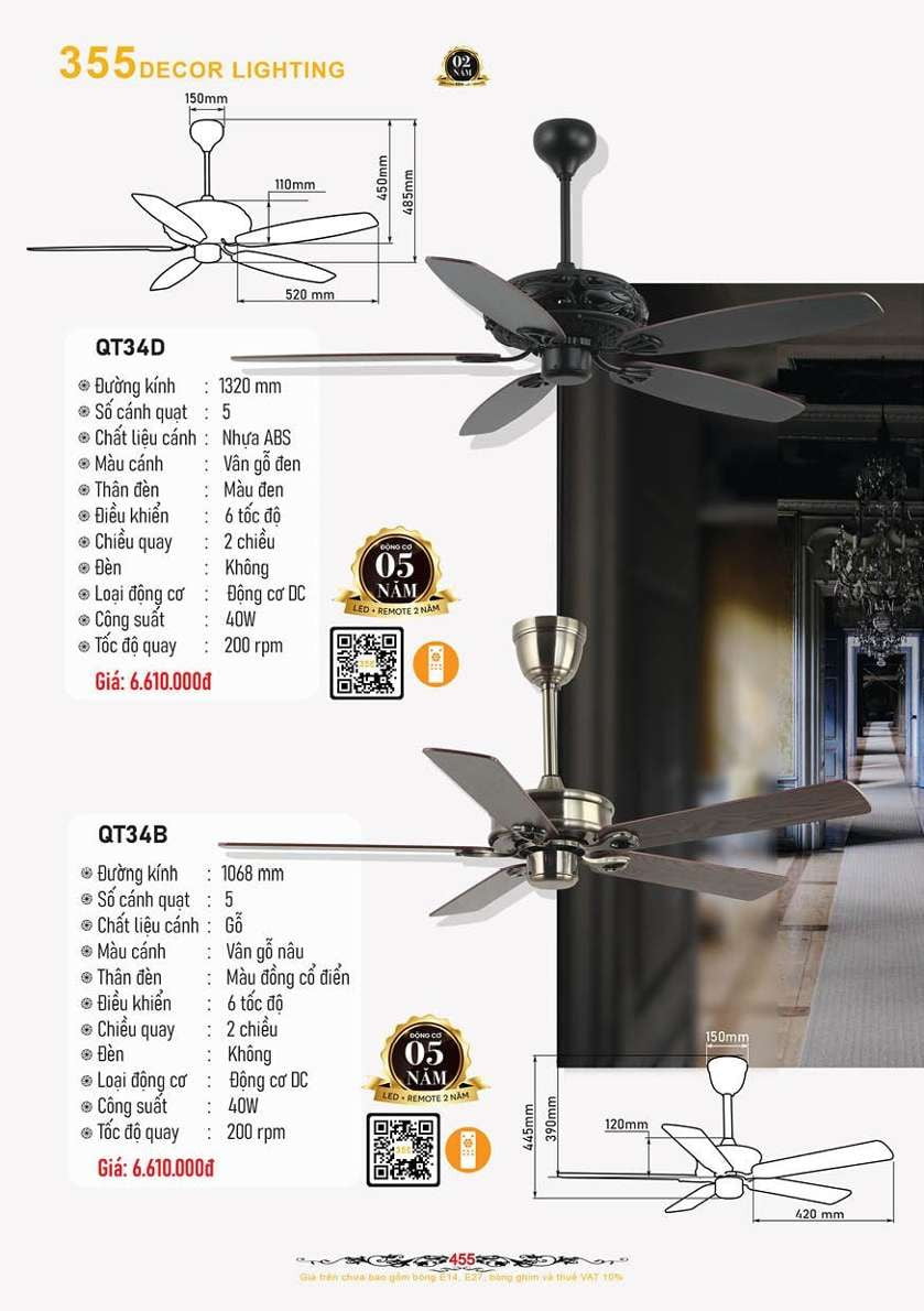 Quạt trần 355 Decor QT34B, QT34D